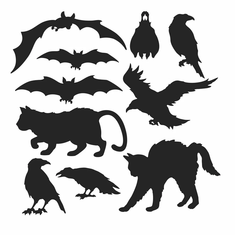 PACK 10 ASSORTED SPOOKY HALLOWEEN SILHOUTTE DECORATIONS BLACK CATS BATS ETC - Image 1 of 1