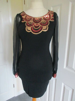 Rare- sequin embellished, black, body hugging, sheer sleeved dress. Size UK10 - Image 1 of 4
