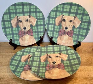 Lot of 4 Cambridge 11” Bamboo Fiber Dinner Plates: Green Plaid • Dachshund Dog - Picture 1 of 8