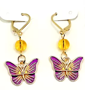 Purple & Yellow Enamel & Glass BUTTERFLY Dangle Earrings w/Gold Leverback Hooks - Picture 1 of 3