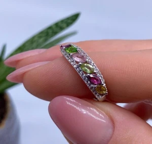 Natural Tourmaline and White Topaz gemstone Ring, silver 925, gold plated, 8.5US - Picture 1 of 4