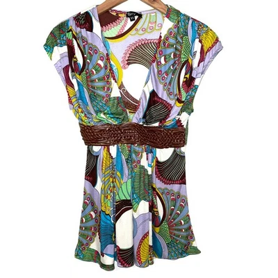 Sky Peacock Print Leather Braided Belt Silk Sleeveless Top Size XS - Image 1 of 4