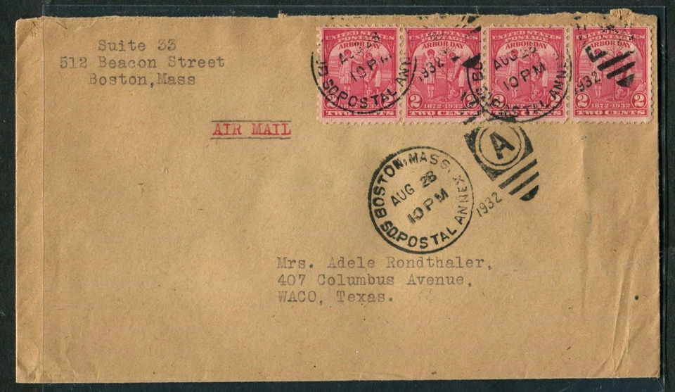 1932 Boston MA to Waco TX Air Mail Cover 4x 2c Arbor Day Stamps 8c Rate - Image 1 of 1