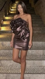 ZARA VOLUMINOUS ROSE FLOWER DESIGN METALLIC BROWN Cocktail Party DRESS Sz S 🌹 - Picture 1 of 9
