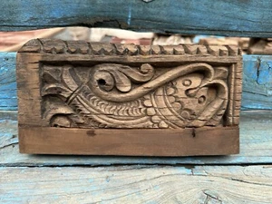 1800 Old Ancient Wooden Hand Carved Fish Figure Wall Panel - Picture 1 of 6