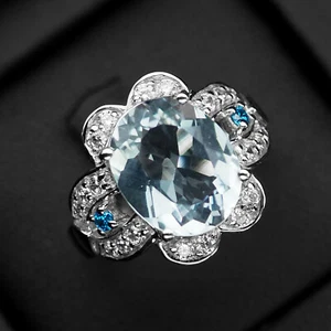 Sparkling Icy Blue Aquamarine 4.15Ct 925 Sterling Silver Handmade Rings Size 6.5 - Picture 1 of 8