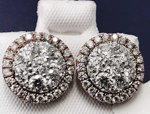 14k solid 2 tone gold diamond  stud earring  cluster 1.85 ct  VS Quality - Picture 1 of 8