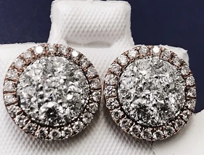 14k solid 2 tone gold diamond  stud earring  cluster 1.85 ct  VS Quality - Image 1 of 4