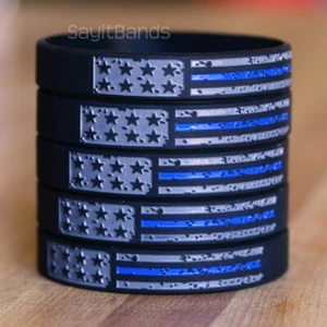 Worn Distressed USA Flag Thin Blue line Wristband Set - Police Bracelet Lot - Picture 1 of 8