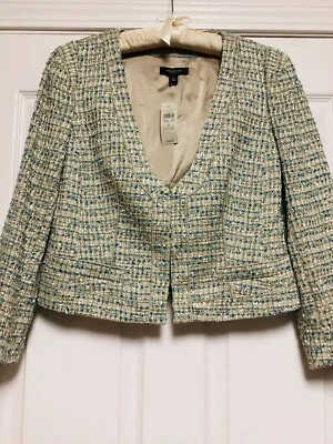 Chaqueta Ann Taylor NUEVA CON ETIQUETAS $198 Turquesa Dorado Blanco Multi Recortada Talla 6 ¡Bonita! Foto 1 de 4