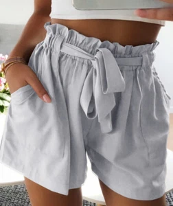 Women's Fashion High Waist Ruffle Bow Tie Casual Shorts Comfy Pants with Pockets - Picture 1 of 12