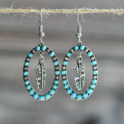 Pendientes colgantes estilo SW plata turquesa cuentas ovalados con dije de plumas gancho  Foto 1 de 4