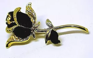 Vintage Brooch Gold Metal Black Velvet Rose Flower Design Pin - Picture 1 of 9
