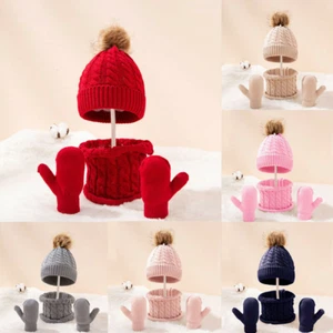 Children's Wool Knitted Hat Scarves Gloves Set Baby Warmer Lovely Fashion Suit - Picture 1 of 20
