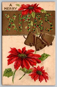 1912 Buon Natale Natale Poinsettia cartolina in rilievo - D15 - Foto 1 di 2
