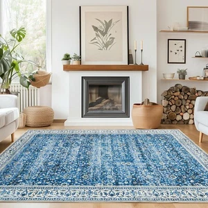 Andency Large 9x12 Washable Area Rug for Living Room Bedroom, Vintage Boho Blue - Picture 1 of 10