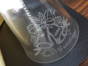 1986 Glass etched Christmas bell with greetings and metal handle #126 - Picture 1 of 4