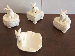 Easter Spring Candy Dish Nut Tray Set 4 Baby Bunny Rabbits Porcelain Bisque 3-4" - Picture 1 of 17