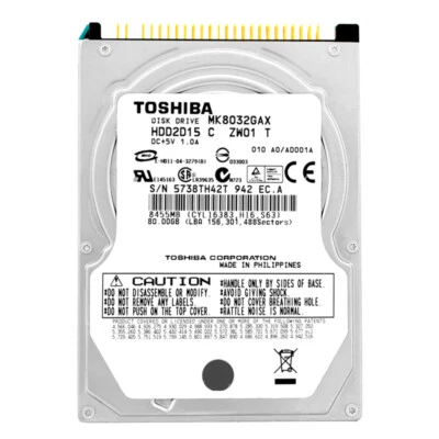 Hard Drive Toshiba 80GB MK8032GAX 8MB Cache 5400RPM ATA-100 2.5" Inch - Image 1 of 4