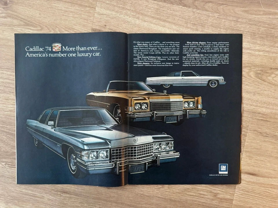 Anuncio impreso de automóvil Cadillac 1974 de 2 páginas ~ Eldorado Coupe deVille Fleetwood Foto 1 de 1