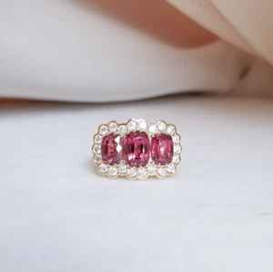 Pink Ruby Wedding Ring Three gemstone Zircon halo ring Anniversary Gift - Picture 1 of 8