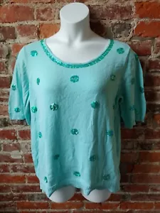 Quacker Factory Womens Sweater Seafoam Green Sequin Grannycore Size Large - Picture 1 of 4