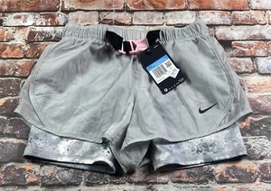 Nike Shorts Youth Medium Gray Compression Lined Belt Athletic Running Girls - Picture 1 of 11
