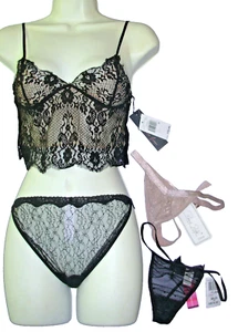 Via Nicci Crop Top Cami Bralette 3 Panties G-string Bikinis black beige lace SM - Picture 1 of 4