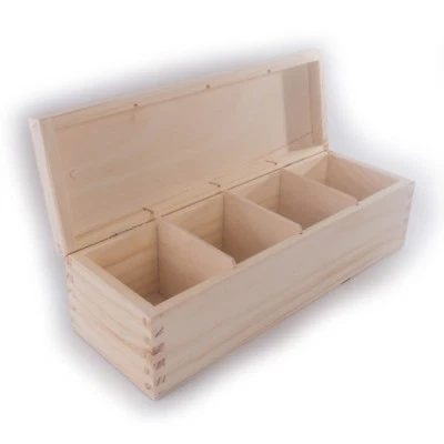 Rectangular Wooden Box / 4 Sections Compartments /Trinket Keepsake Memory Craft  - Image 1 of 4
