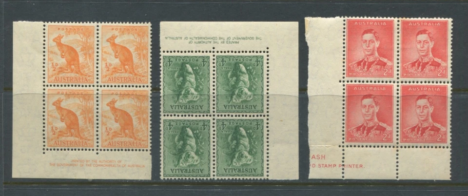 Australia 1938 1/2d, 2d, and 4d corner blocks of 4 unmounted mint NH - Image 1 of 1