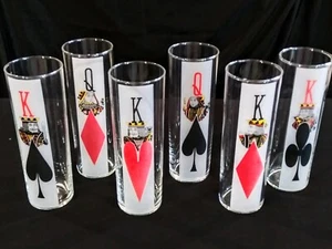 Vintage PLAYING CARDS Kings & Queens Tall Highball Shot BAR GLASSES Set of 6 - Picture 1 of 4