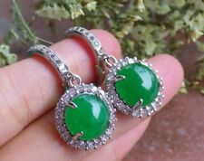 Green Jade Cabochon Imitation Diamond Flower Gold Plated Hoop Dangle Earrings