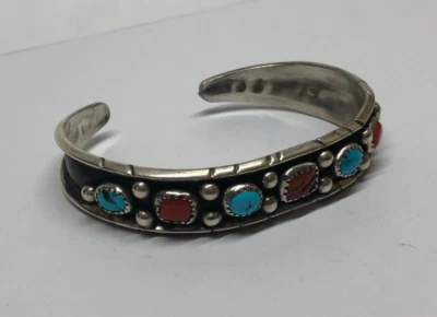 Antigo Bracelete feito à mão Navajo prata esterlina turquesa e coral 6,5"[025GRA - Imagem 1 de 4