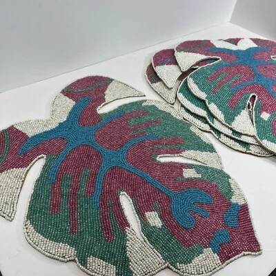 "Juego de 4 manteles coloridos de hojas tropicales con cuentas a mano - hechos en la India - 16"" x 12""" Foto 1 de 4
