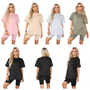 Womens Ladies Side Slit T-shirt Top & Short 2 Pcs Cycling Co-Ord Set Gym Wear - Picture 1 of 17