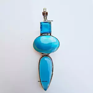 Beautiful Blue Onyx With Topaz 925 Sterling Silver Pendent, Handmade Pendent - Picture 1 of 4