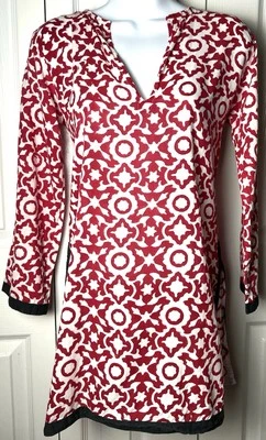 ROBERTA ROLLER RABBIT Tunic Blouse Shirt Top Red White Ikat Geometric Cotton - Image 1 of 4
