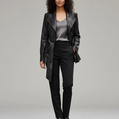 Joseph Ribkoff Chocolate Brown Belted Jacket Faux Suede Size 4 Shimmer - Image 1 of 4