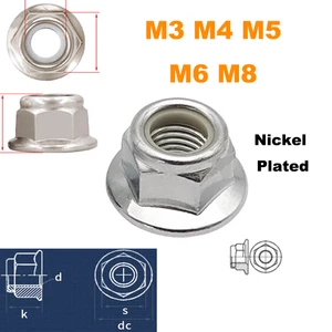 M3 M4 M5 M6 M8 Flanged Nylon Nuts Flange Nylon Insert Locking Nut Nickel Plated - Picture 1 of 11