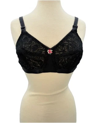 Sujetador bala de encaje negro transparente vintage Best Form 36B apliques rosa floral hecho en unión Foto 1 de 4