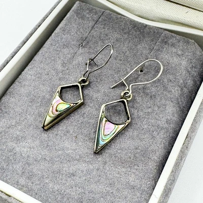 Vintage Alpaca Mexico Abalone Hook Dangle Drop Earrings Paua Shell Silver Tone - Image 1 of 4