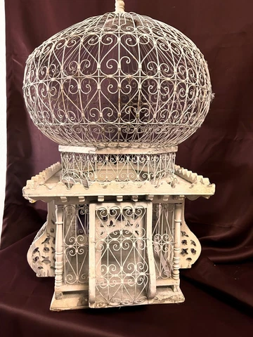 Vintage Victorian Wood and Wire Metal Dome Bird Cage White Cover