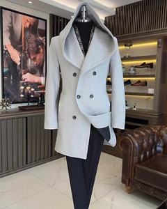 Men Long Overcoat with Cape Wool Blend Coat Regular Fit Tweed Double Breasted - Picture 1 of 23