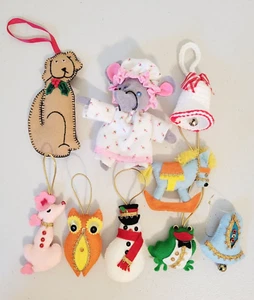 Vintage 9 Piece Cloth Fabric Poodle, Owl, Frog, Bell, Horse Ornaments 2" - 5" - Picture 1 of 7