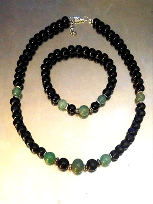 Collar/pulsera de cuentas para hombre aventurina verde, madera, ónix negro, 18" vendedor de EE. UU. Foto 1 de 3