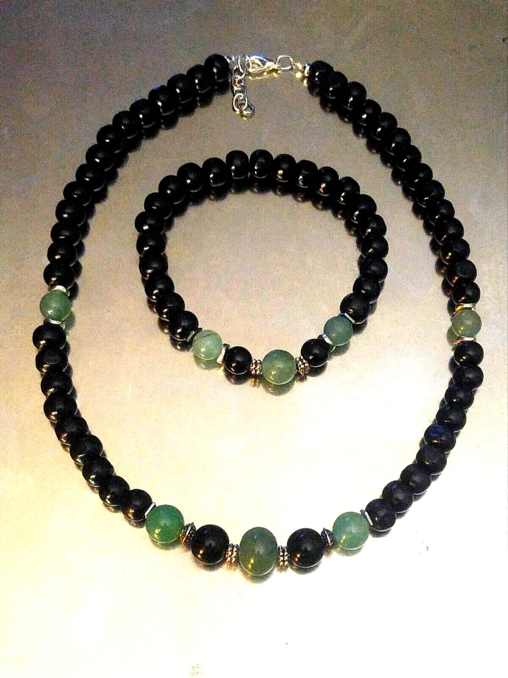 Men's Beaded Necklace/Bracelet Green Aventurine,Wood, Black Onyx,18" USA Seller - Image 1 of 3