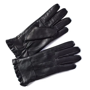 Guantes de cuero con volantes para damas forrados en vellón negros en talla grande NUEVO - Imagen 1 de 1