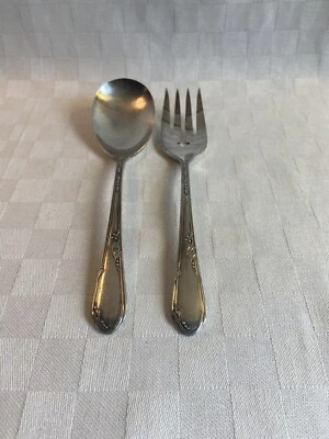 Ложка и вилка для сервировки салата Oneida Meadowbrook — WM A Rogers A1 серебристая тарелка - Изображение 1 из 4