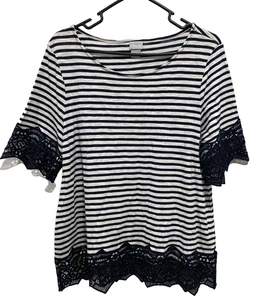 Chicos Size 2 Blouse Top Black White Stripe Short Bell Sleeve Lace Hem - Picture 1 of 6