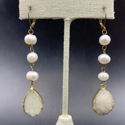 Freshwater Pearl Druzy Quartz Dangle Earrings Gemstone Pierced Drusy Leverback - Image 1 of 4